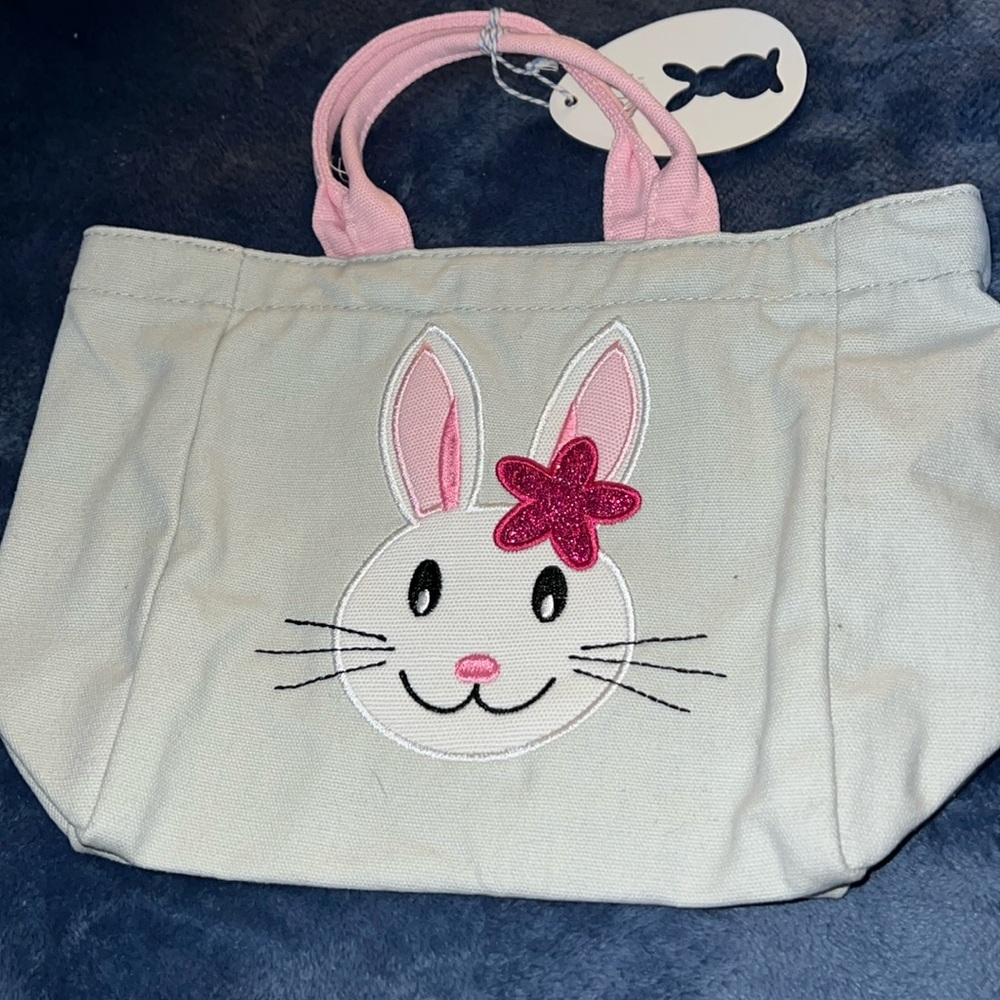 Canvas small tote Easter Bag light grey with appliqué bunny rabbit NWT